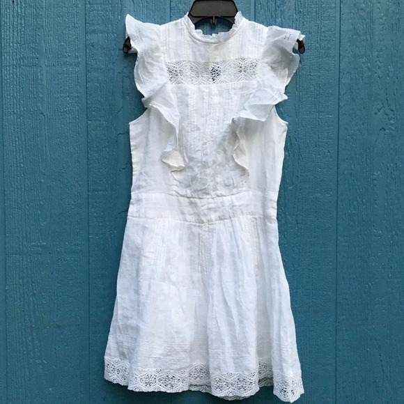Frame White Pintucked Mini Dress M Ruffle High Neck Frilly Beach Wedding Short - Picture 4 of 8